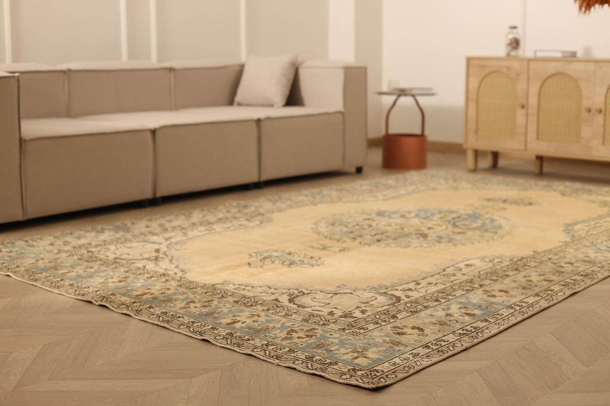 Vintage Isparta Turkish Area Rug 7x11 ft — Beige & Blue Floral (No. 48176)