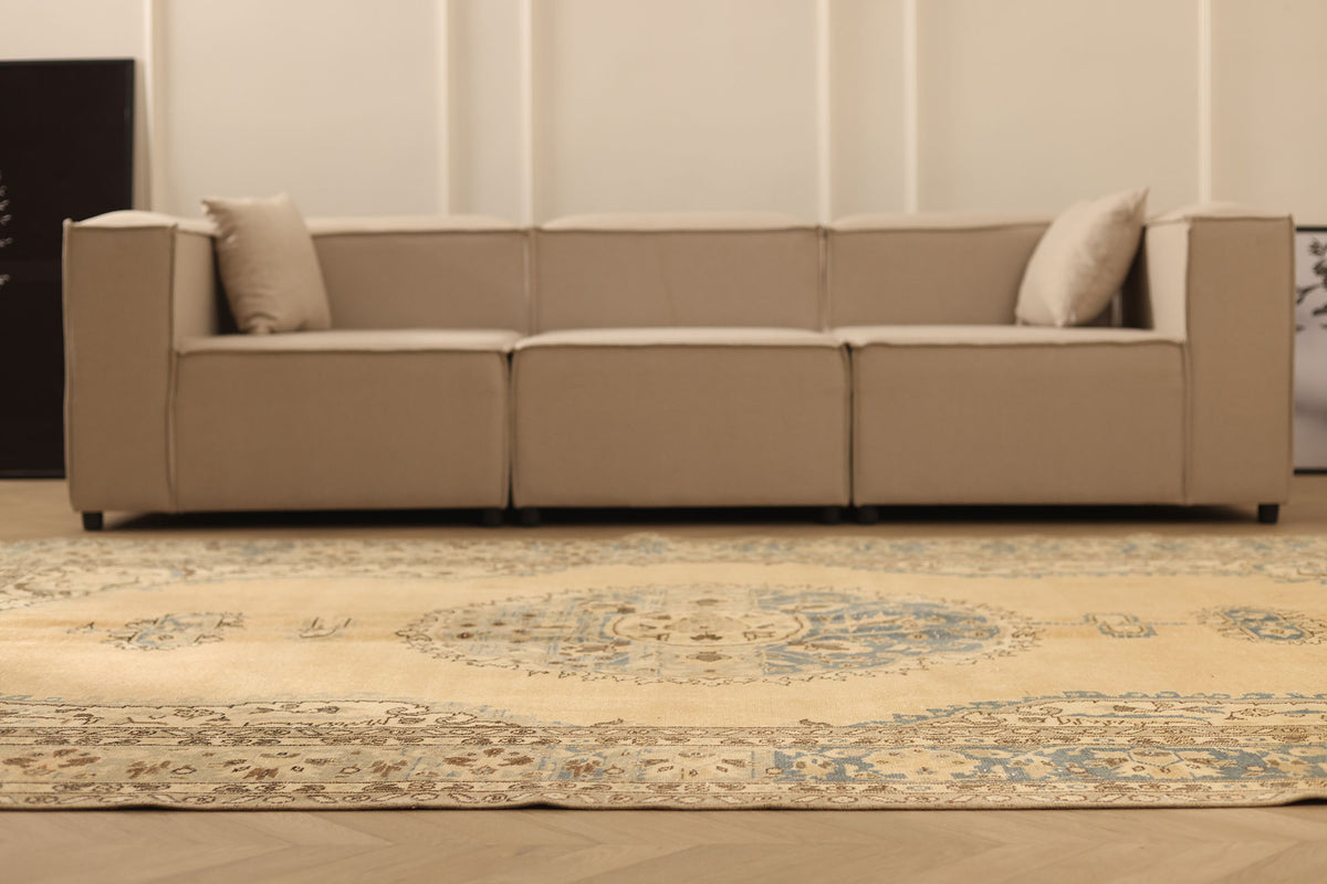 Vintage Isparta Turkish Area Rug 7x11 ft — Beige & Blue Floral (No. 48176)