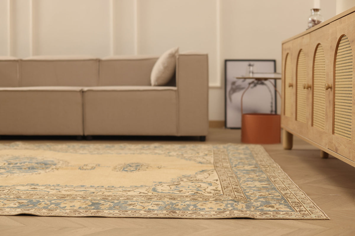 Vintage Isparta Turkish Area Rug 7x11 ft — Beige & Blue Floral (No. 48176)