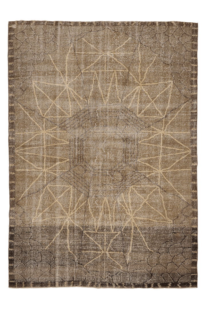 Vintage Isparta Turkish Area Rug 6x9 ft — Brown & Beige Geometric