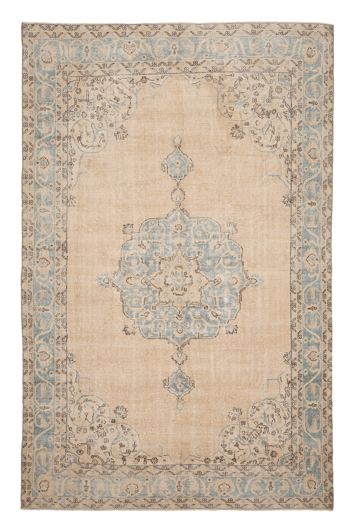 Vintage Isparta Turkish Area Rug 7x11 ft — Beige & Blue Floral