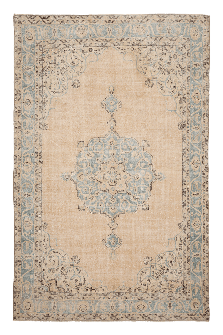 Vintage Isparta Turkish Area Rug 7x11 ft — Beige & Blue Floral