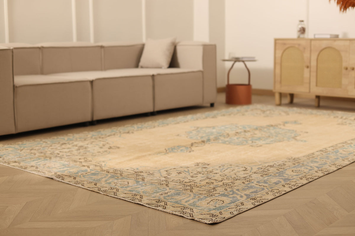 Vintage Isparta Turkish Area Rug 7x11 ft — Beige & Blue Floral