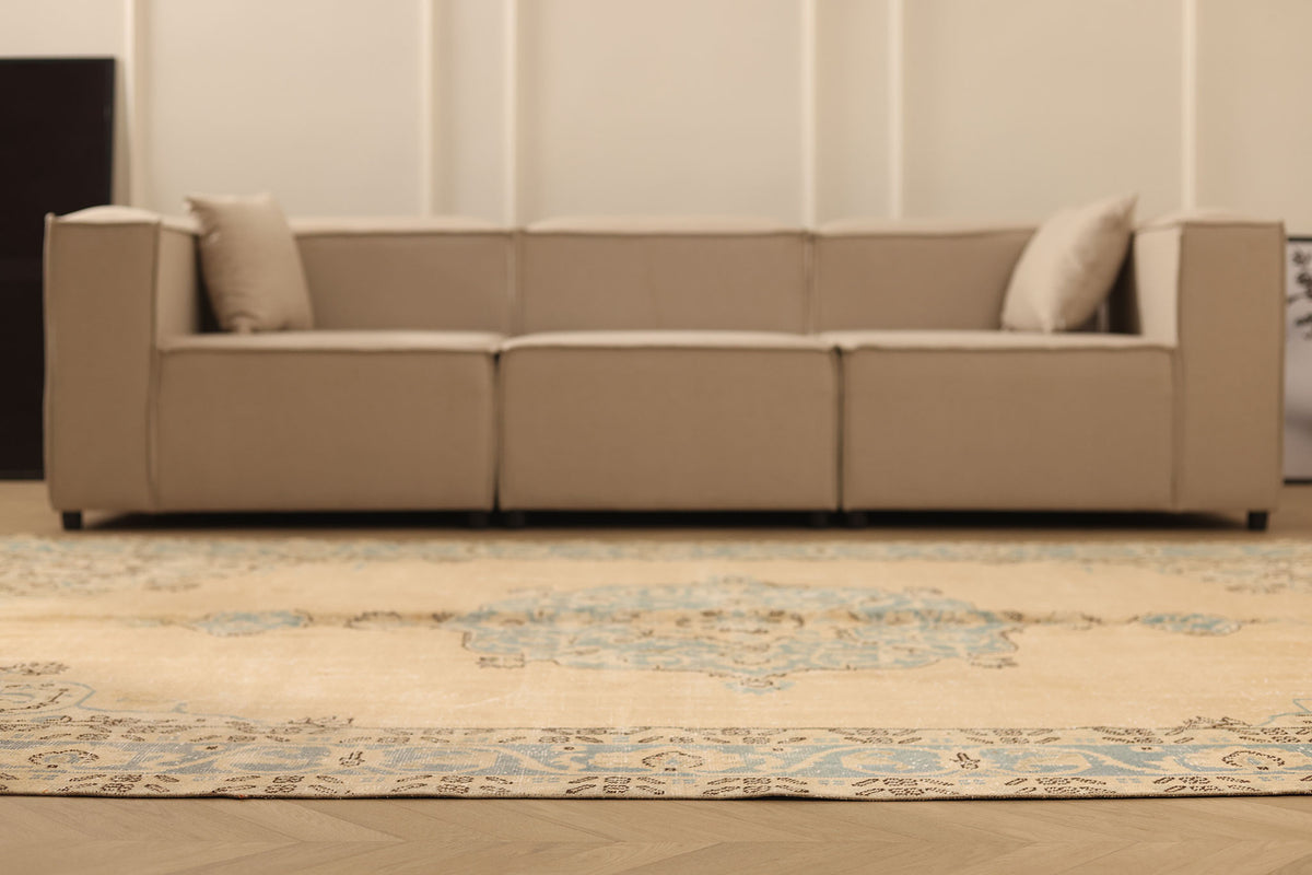 Vintage Isparta Turkish Area Rug 7x11 ft — Beige & Blue Floral
