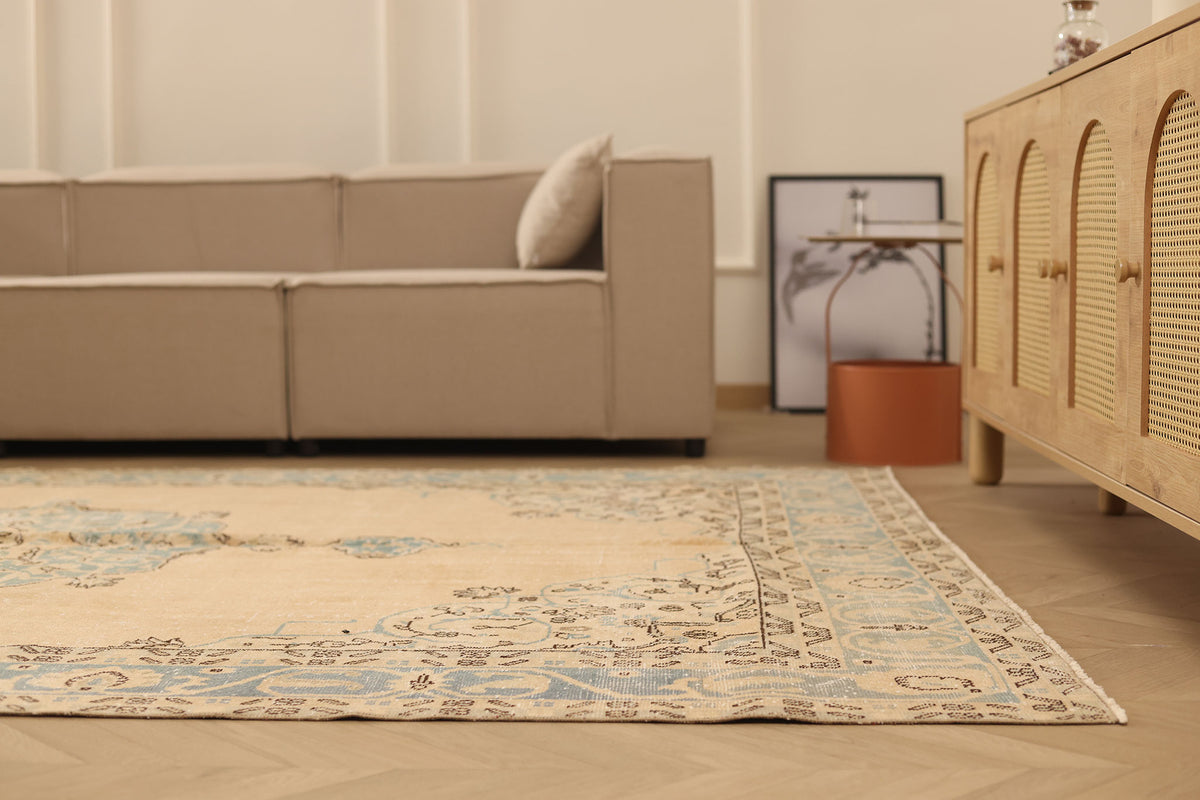 Vintage Isparta Turkish Area Rug 7x11 ft — Beige & Blue Floral