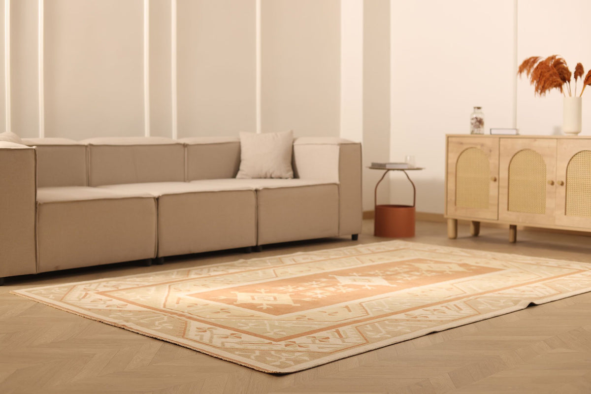 Vintage Muğla Turkish Area Rug 6x10 ft — Brown & Beige Geometric