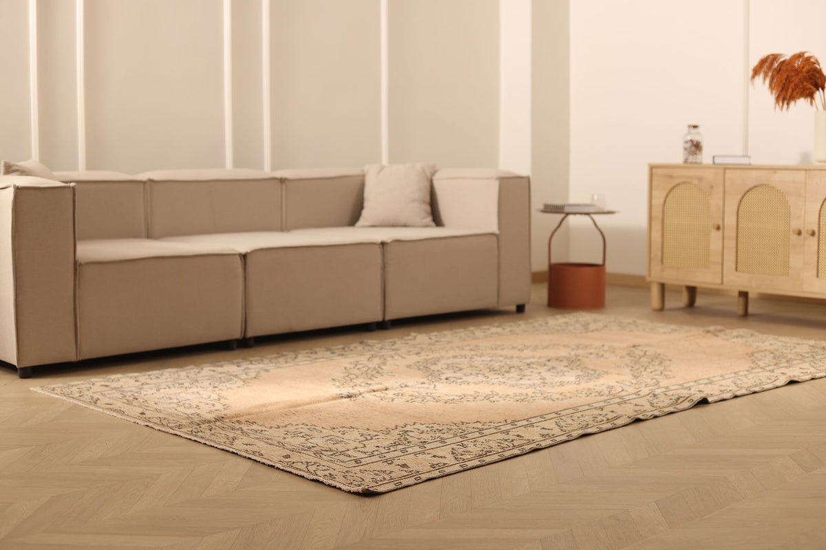 Vintage Manisa Turkish Area Rug 6x10 ft — Brown & Beige Floral