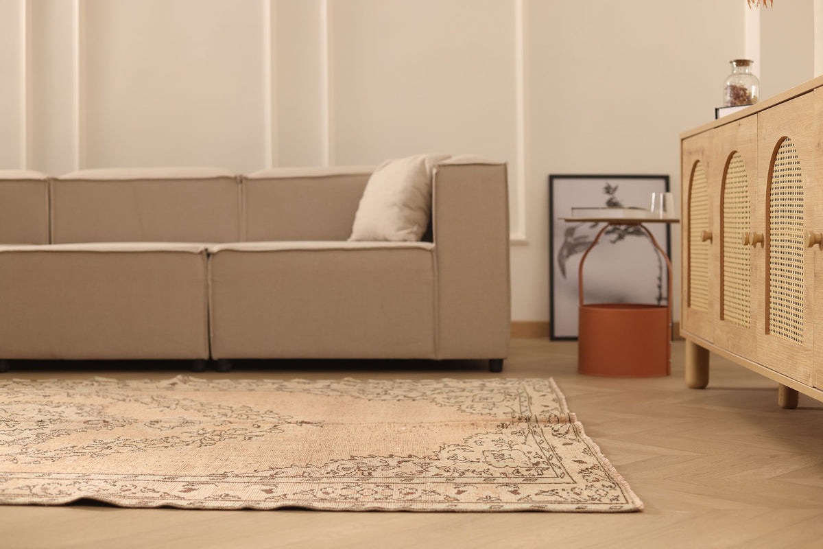 Vintage Manisa Turkish Area Rug 6x10 ft — Brown & Beige Floral