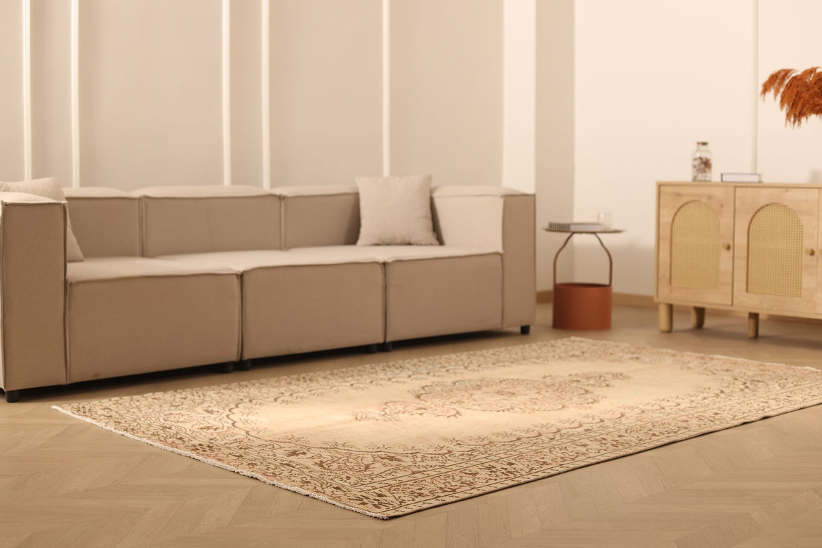 Vintage Manisa Turkish Area Rug 6x9 ft — Beige & Brown Floral