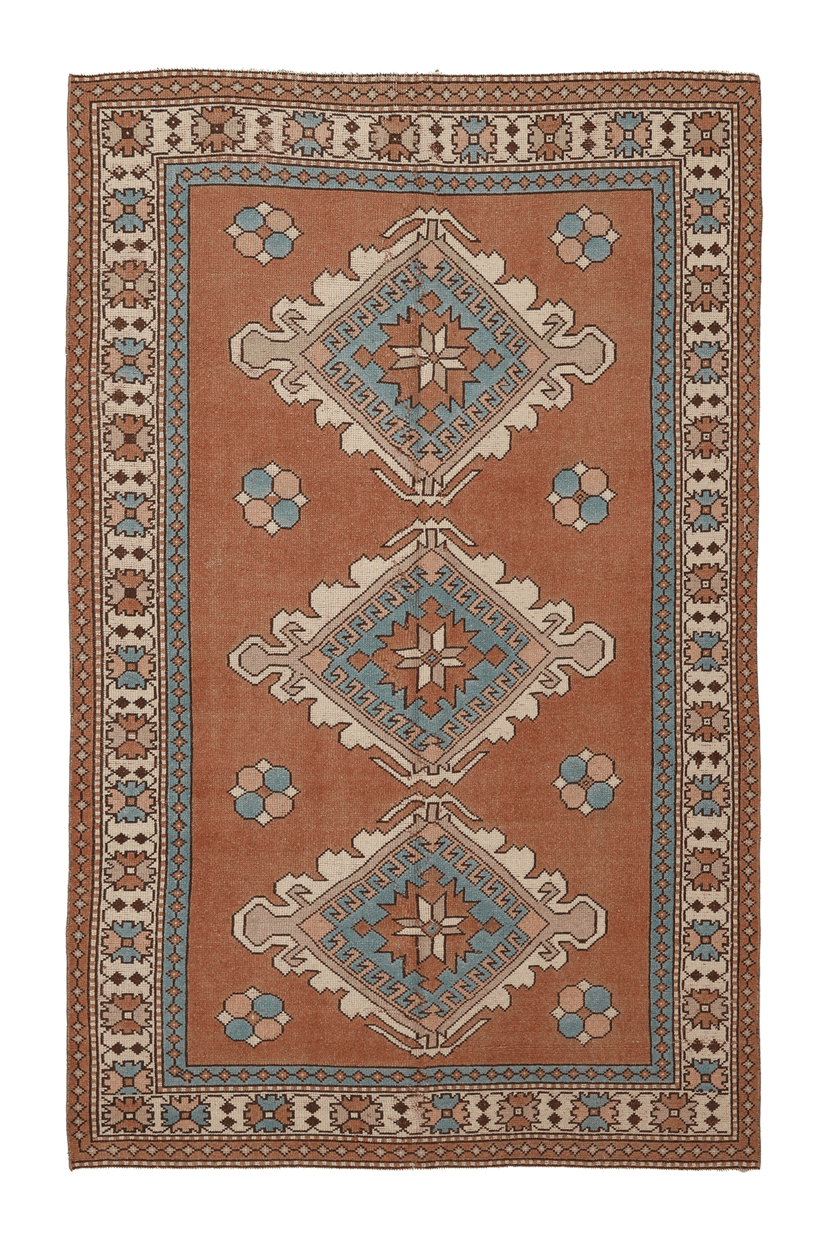 Vintage Niğde Turkish Area Rug 5x8 ft — Brown & Blue Geometric