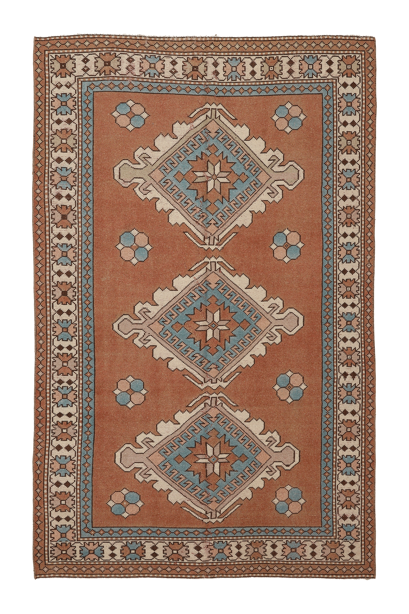 Vintage Niğde Turkish Area Rug 5x8 ft — Brown & Blue Geometric