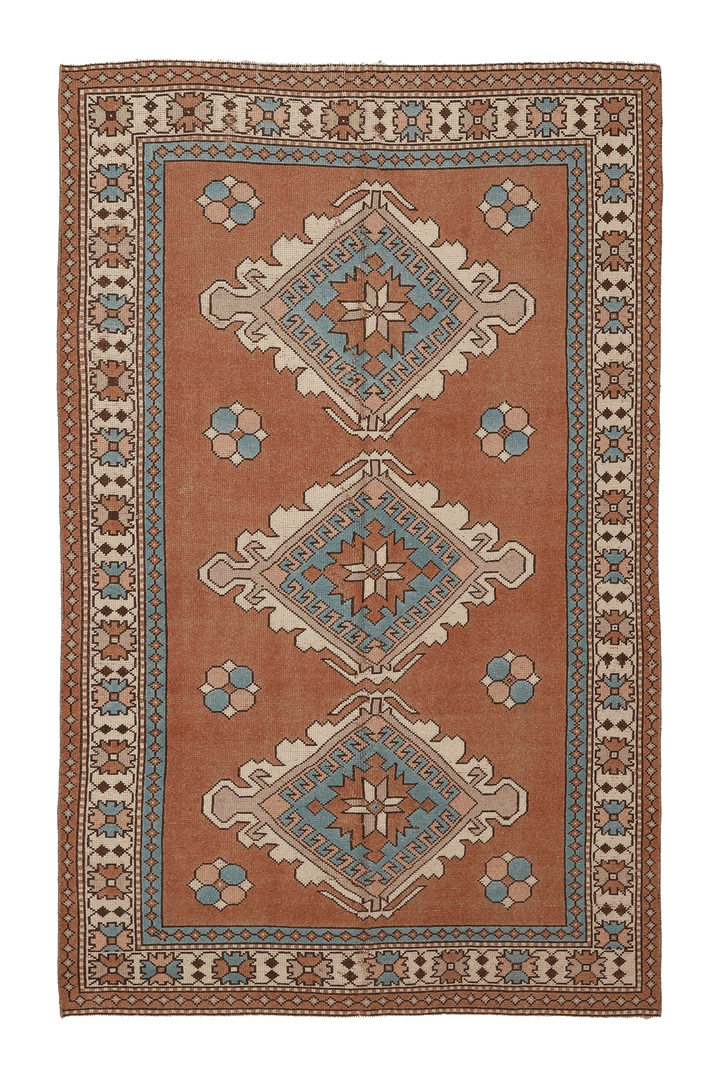 Vintage Niğde Turkish Area Rug 5x8 ft — Brown & Blue Geometric