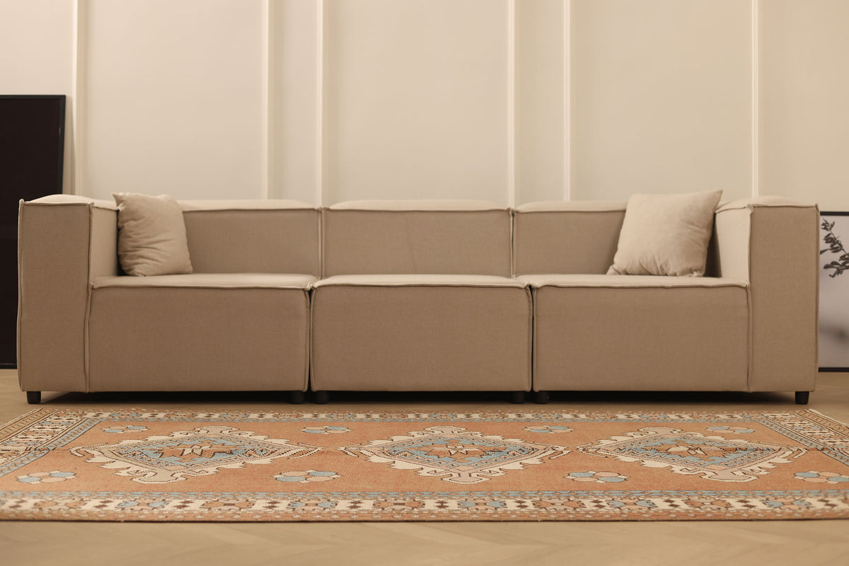 Vintage Niğde Turkish Area Rug 5x8 ft — Brown & Blue Geometric