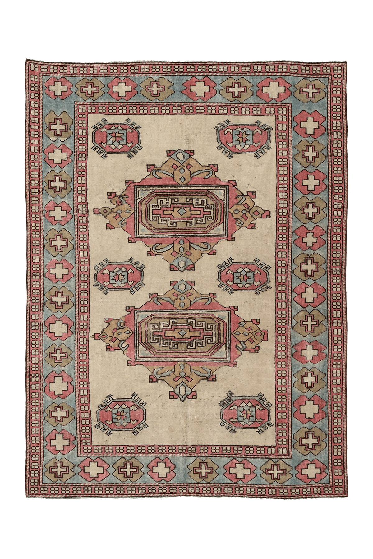 Vintage Niğde Turkish Area Rug 5x7 ft — Beige & Pink Geometric