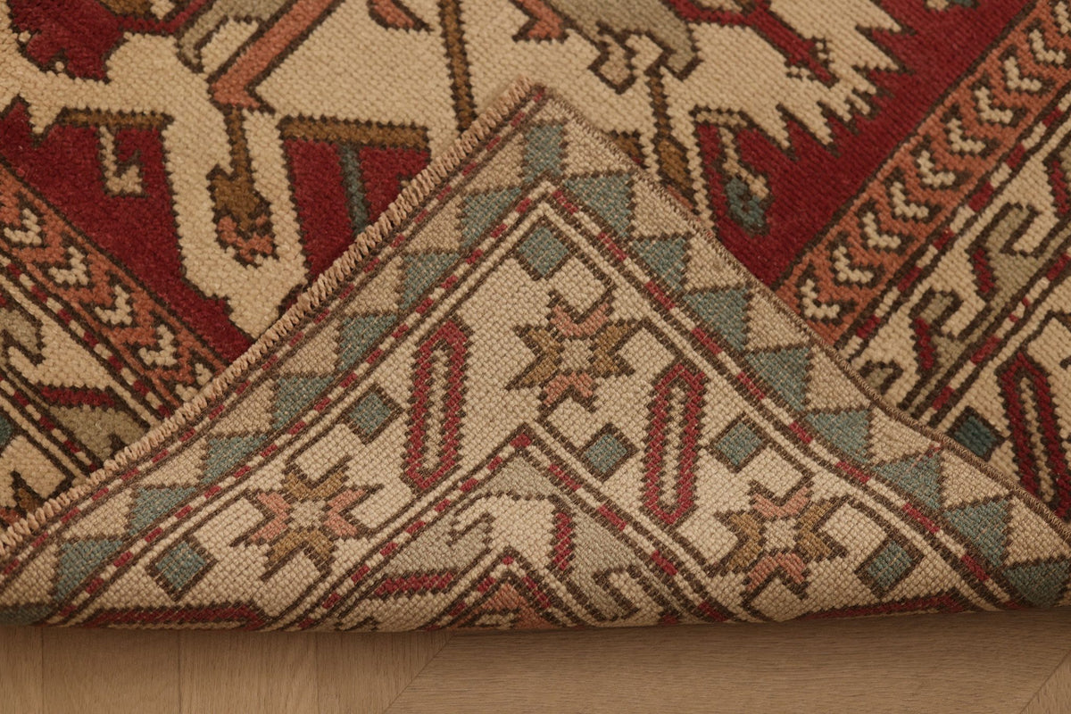 Vintage Balıkesir Turkish Area Rug 4x6 ft — Red & Beige Geometric