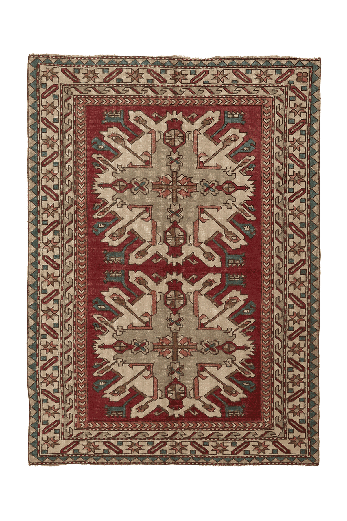 Vintage Balıkesir Turkish Area Rug 4x6 ft — Red & Beige Geometric