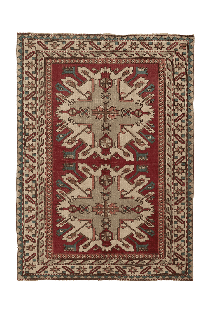 Vintage Balıkesir Turkish Area Rug 4x6 ft — Red & Beige Geometric