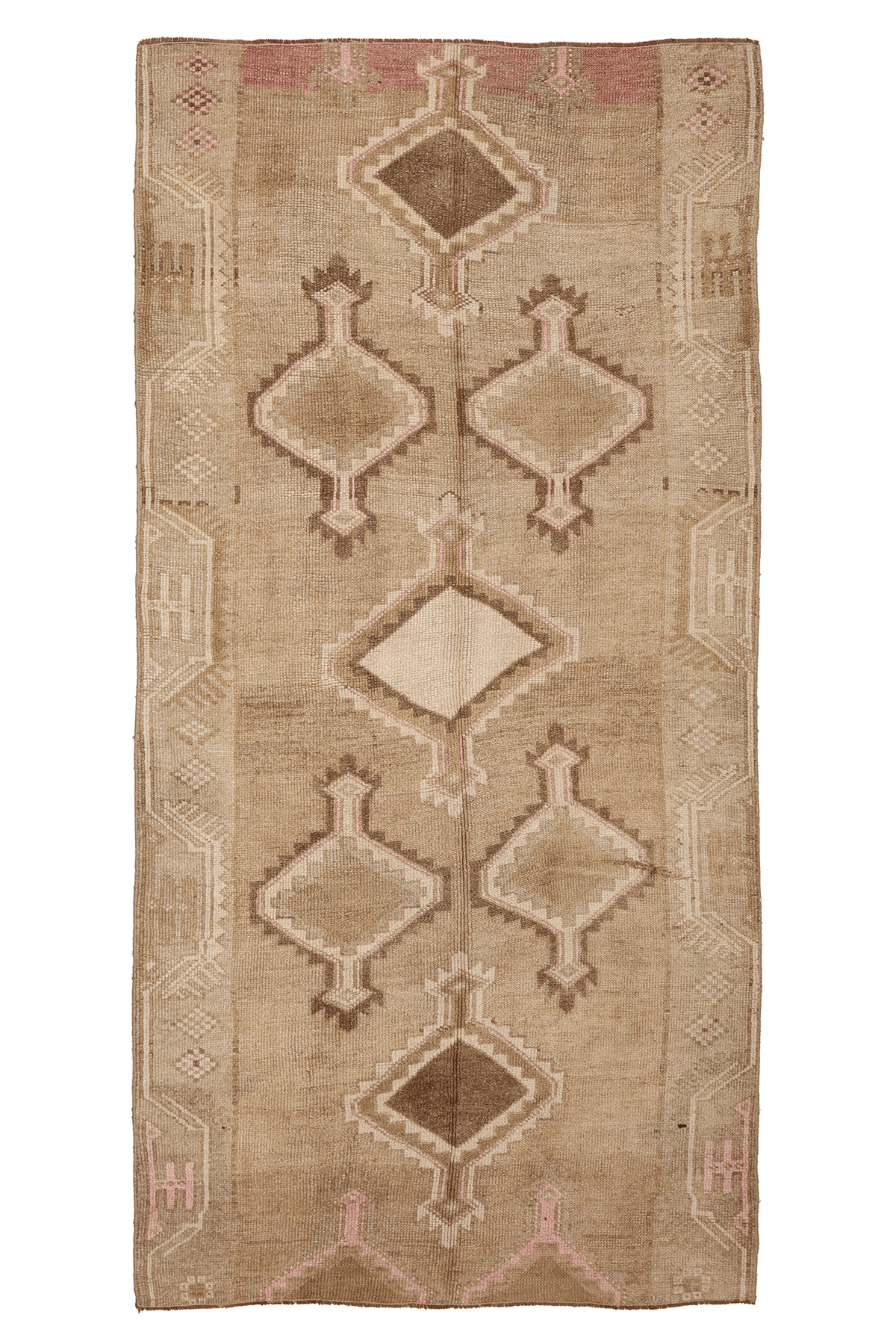 Vintage Kars Turkish Area Rug 4x9 ft — Beige & Brown Geometric