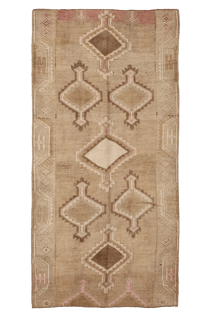 Vintage Kars Turkish Area Rug 4x9 ft — Beige & Brown Geometric