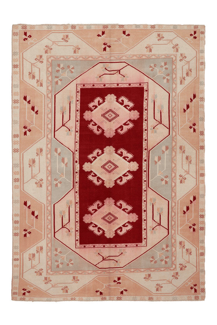 Vintage Muğla Turkish Area Rug 6x8 ft — Red & Pink Geometric