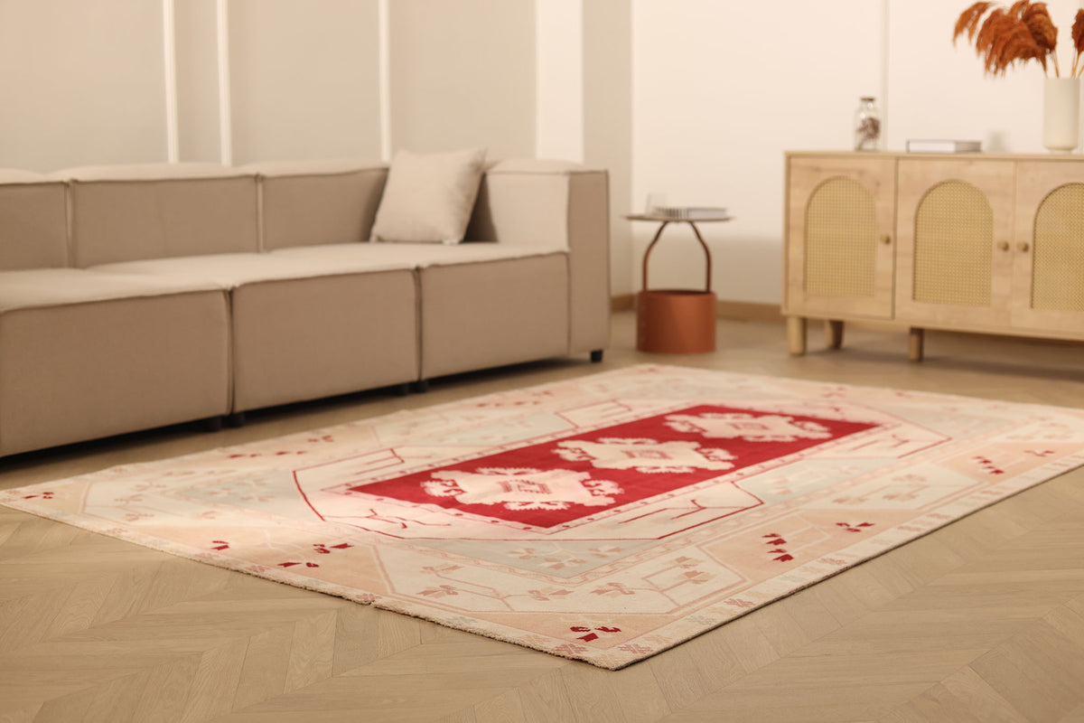 Vintage Muğla Turkish Area Rug 6x8 ft — Red & Pink Geometric