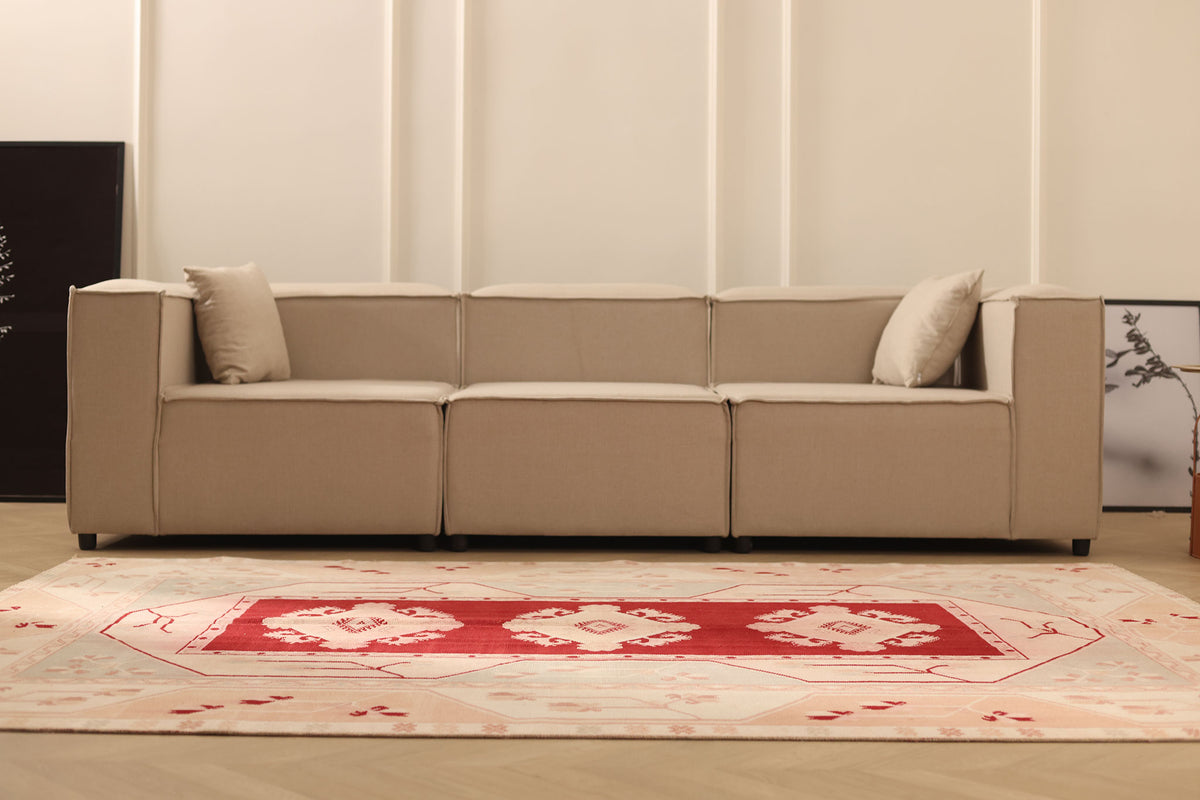 Vintage Muğla Turkish Area Rug 6x8 ft — Red & Pink Geometric