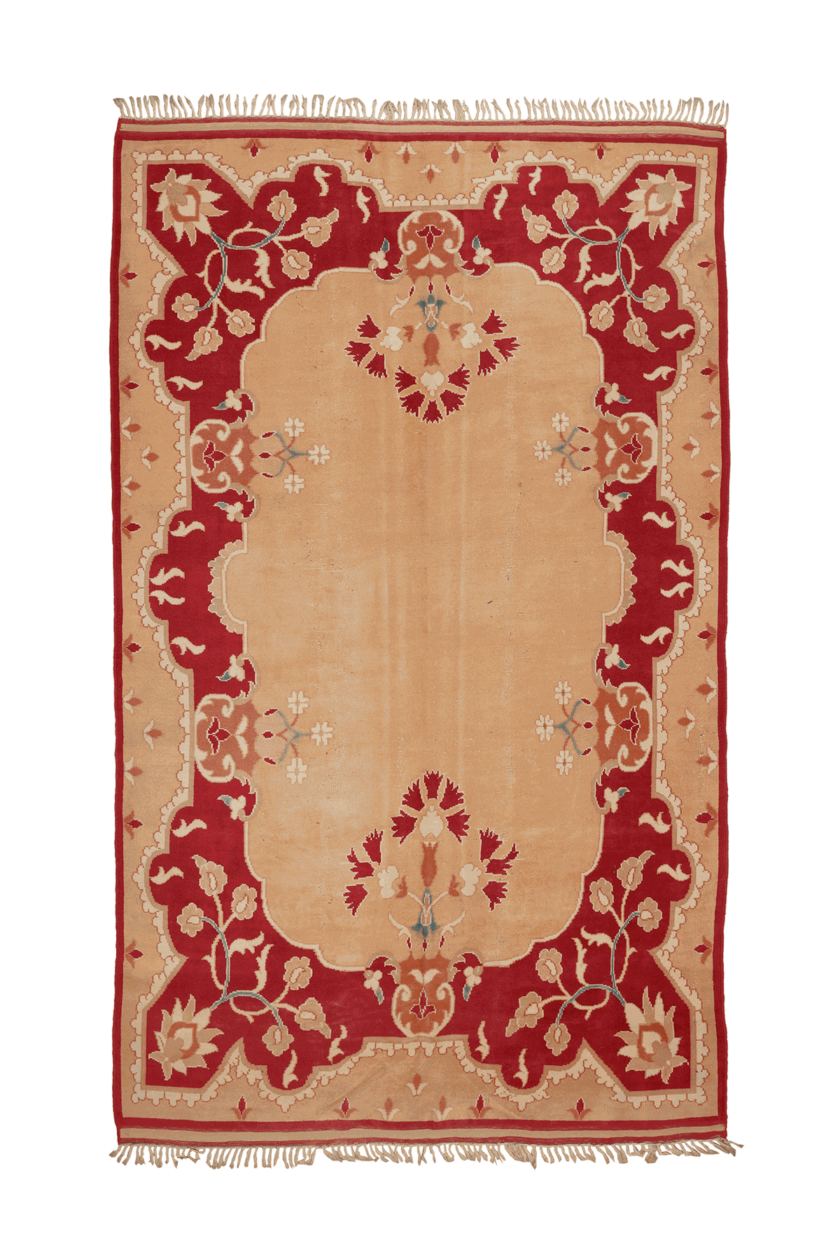 Vintage Uşak Turkish Area Rug 7x11 ft — Beige & Red Floral