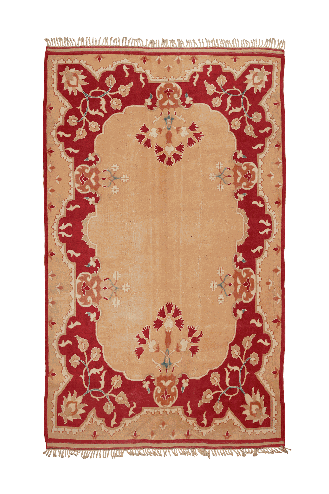 Vintage Uşak Turkish Area Rug 7x11 ft — Beige & Red Floral