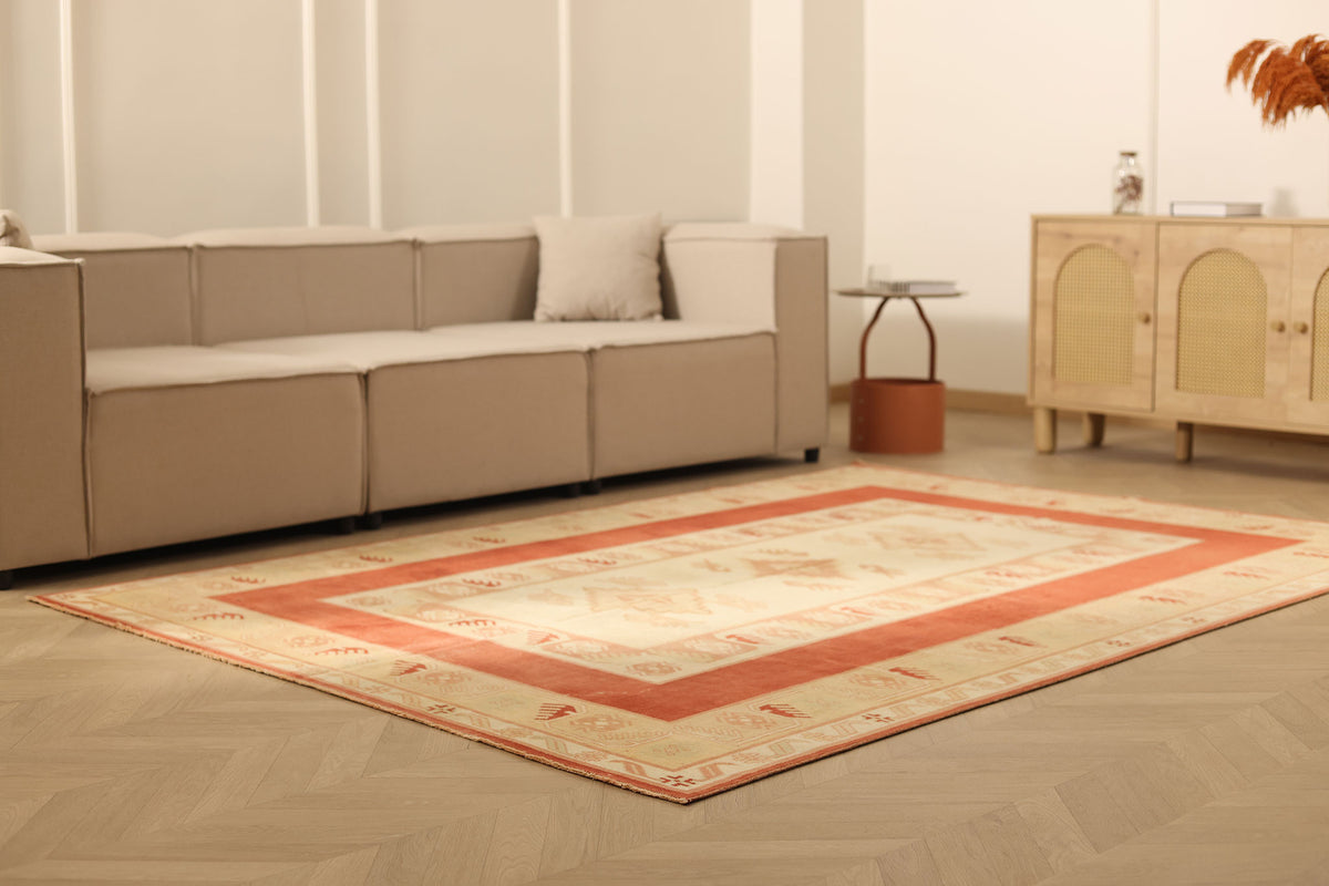 Vintage Muğla Turkish Area Rug 6x8 ft — Red & Beige Geometric