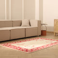Vintage Uşak Turkish Area Rug 4x7 ft — Beige & Red Floral