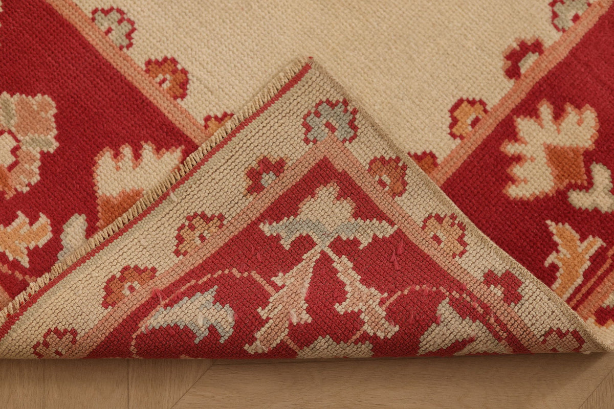Vintage Uşak Turkish Area Rug 4x7 ft — Beige & Red Floral