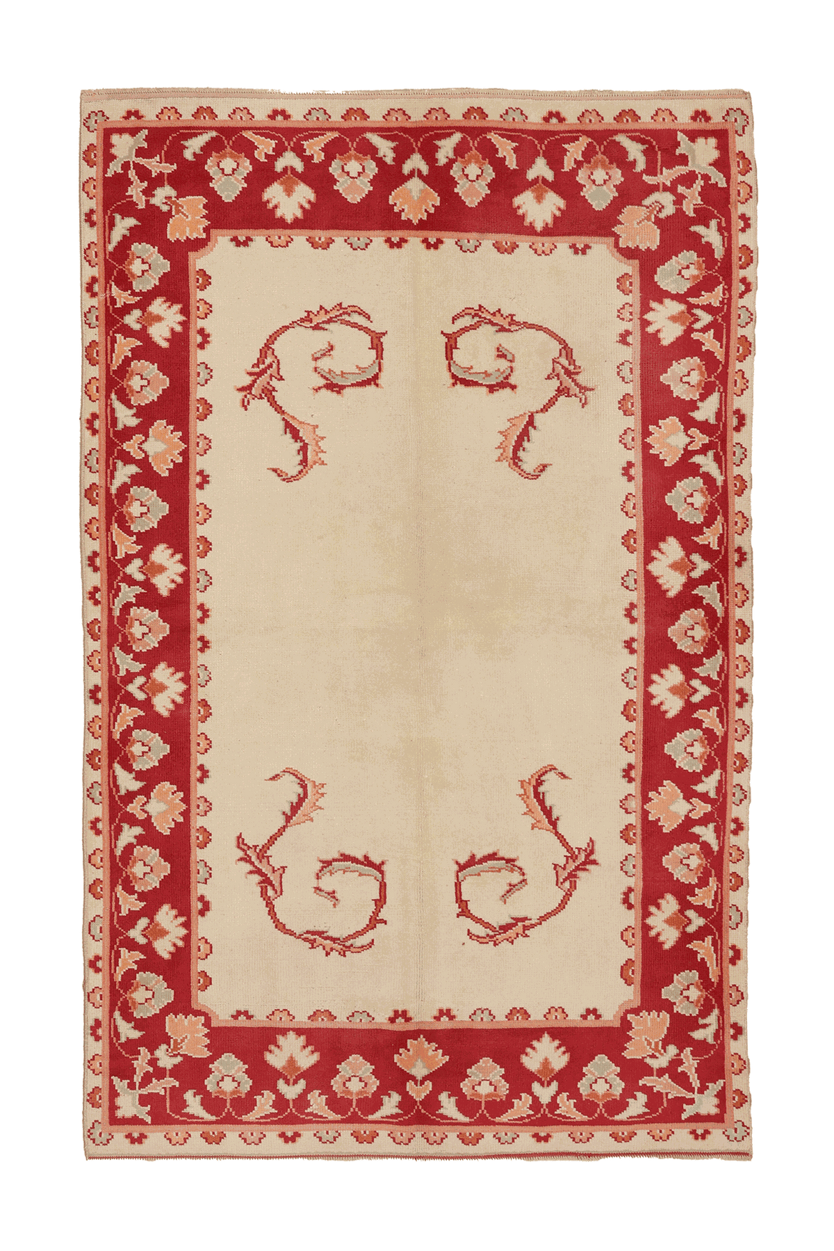 Vintage Uşak Turkish Area Rug 4x7 ft — Beige & Red Floral