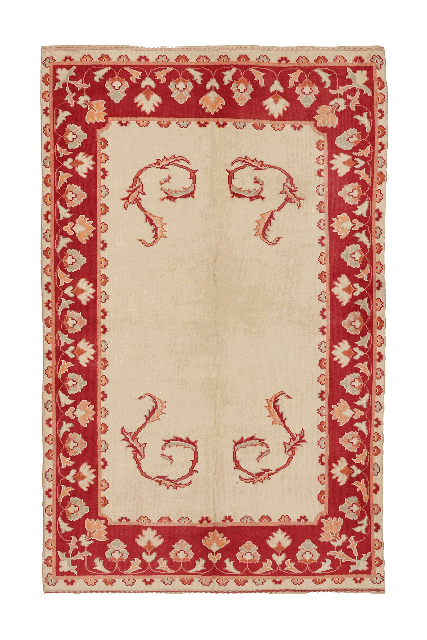 Vintage Uşak Turkish Area Rug 4x7 ft — Beige & Red Floral