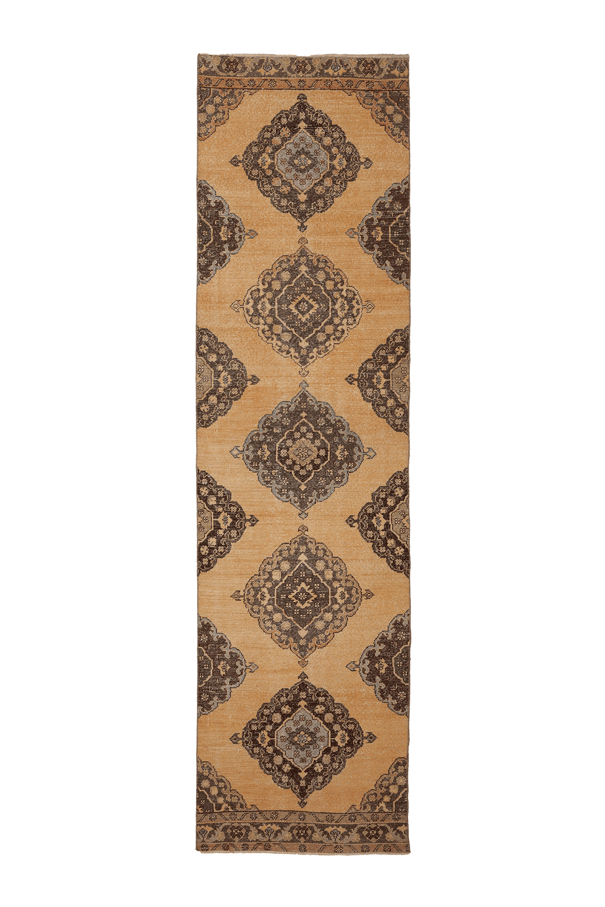Vintage Konya Turkish Runner Rug 3x12 ft — Beige & Brown Geometric