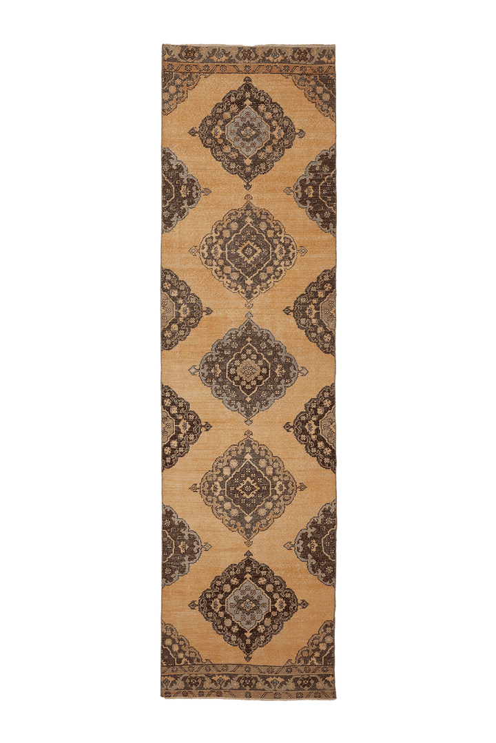 Vintage Konya Turkish Runner Rug 3x12 ft — Beige & Brown Geometric