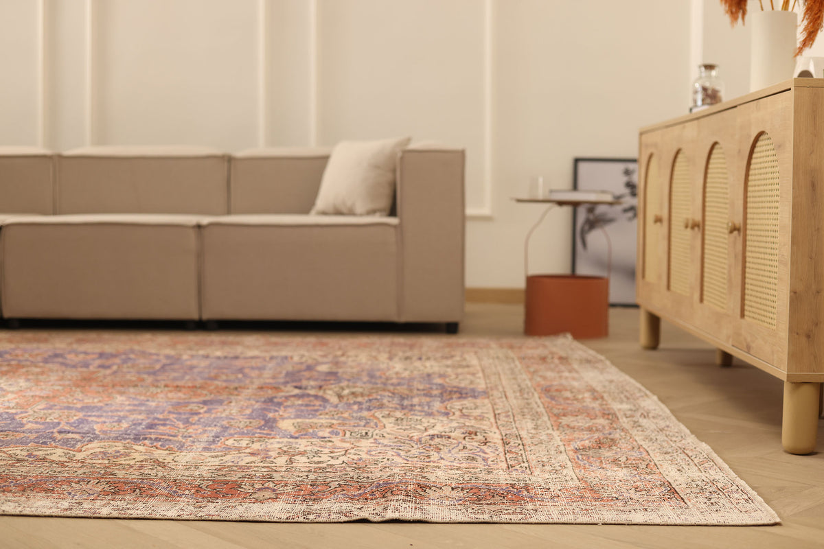Vintage Isparta Turkish Area Rug 8x12 ft — Blue & Red Distressed