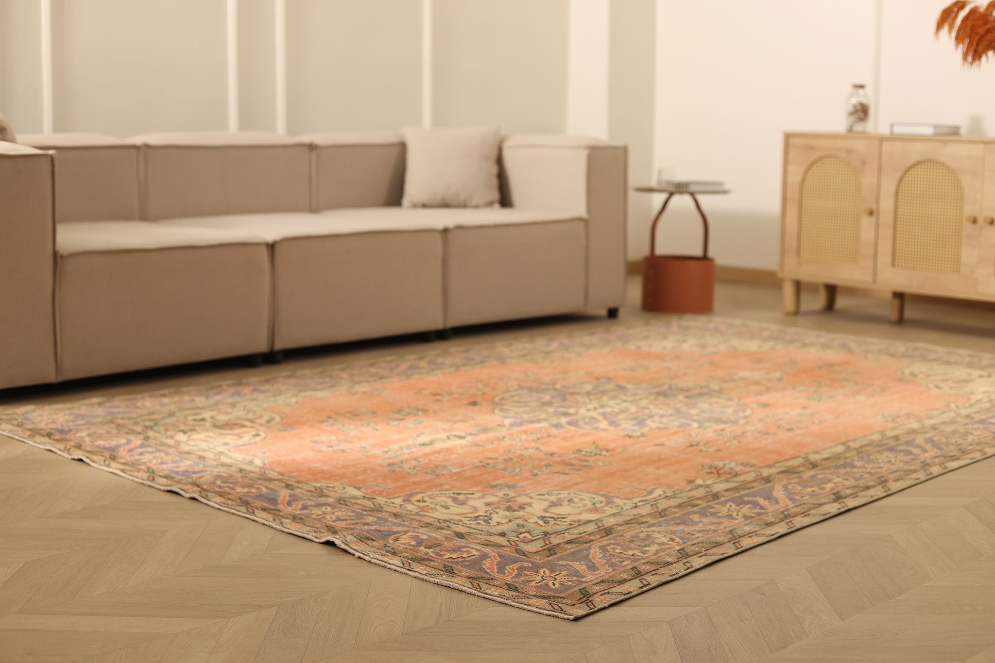 Vintage Isparta Turkish Area Rug 6x10 ft — Orange & Gray Floral