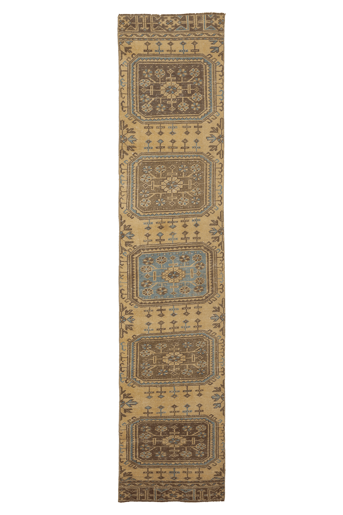 Vintage Konya Turkish Runner Rug 2x10 ft — Beige & Brown Floral