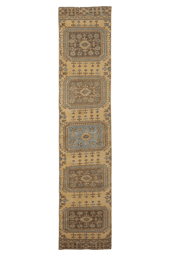 Vintage Konya Turkish Runner Rug 2x10 ft — Beige & Brown Floral