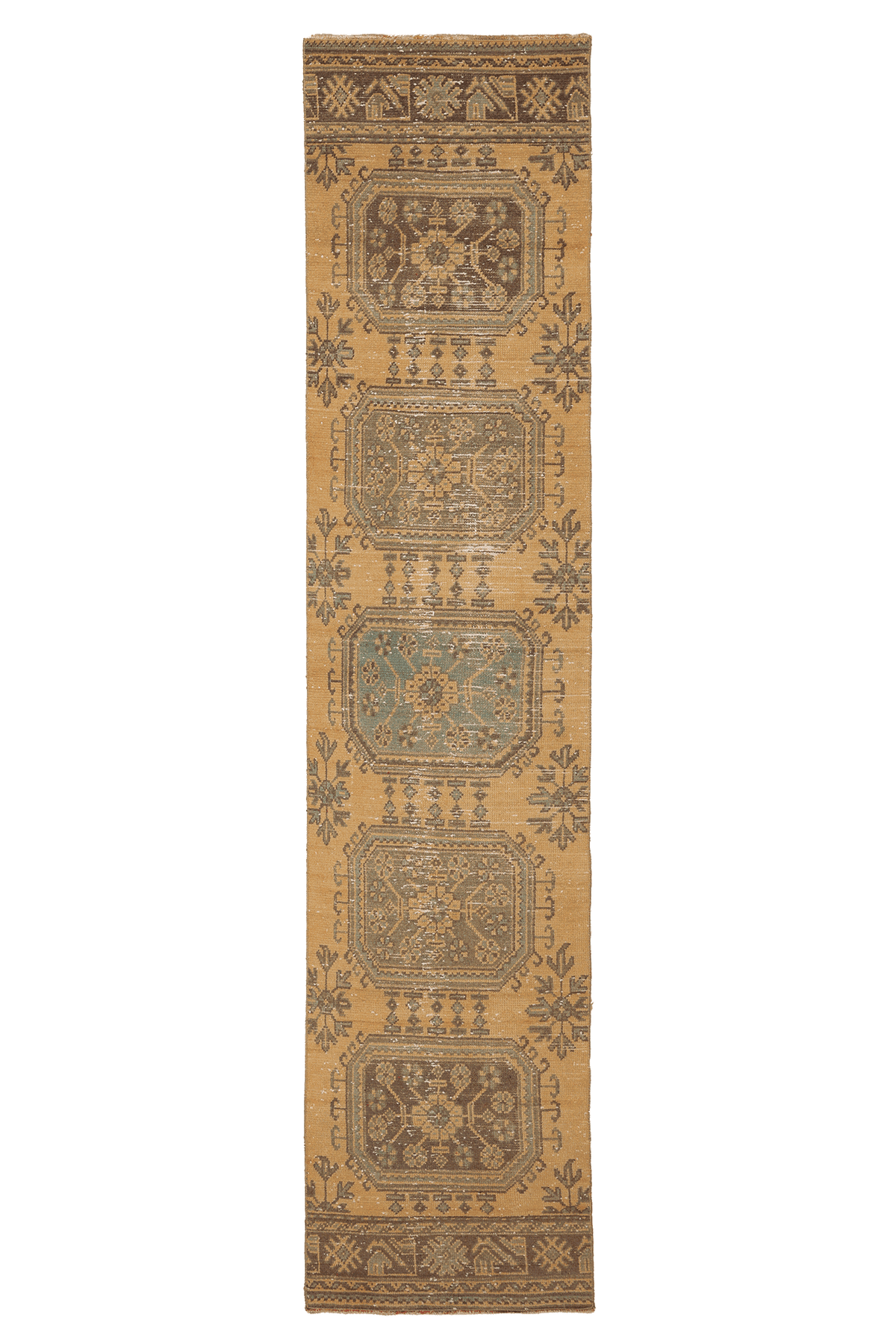 Vintage Konya Turkish Runner Rug 2x11 ft — Beige & Brown Geometric