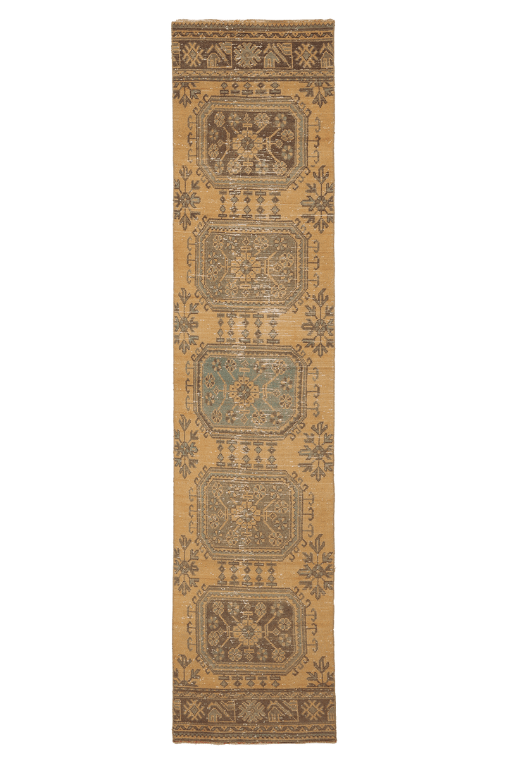 Vintage Konya Turkish Runner Rug 2x11 ft — Beige & Brown Geometric