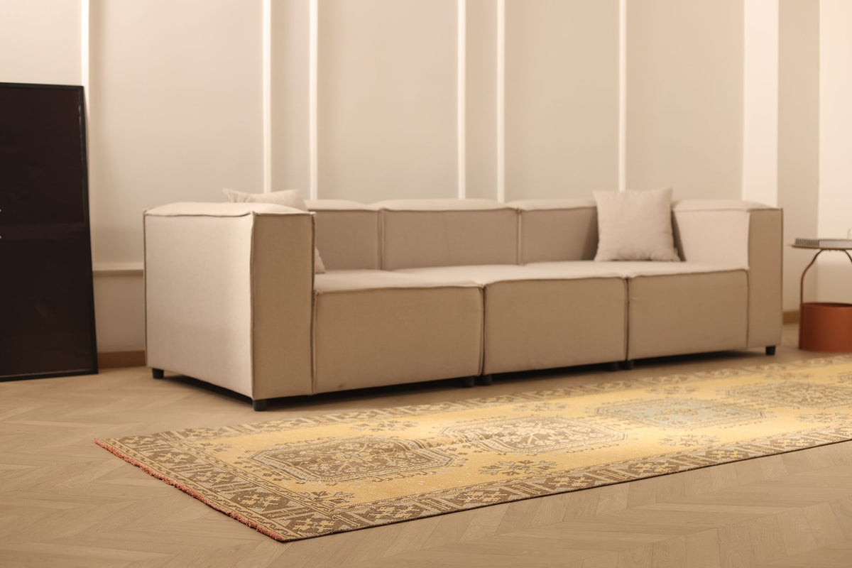 Vintage Konya Turkish Runner Rug 4x12 ft — Beige & Brown Floral