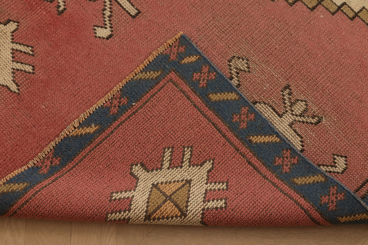 Vintage Nevşehir Turkish Area Rug 4x7 ft — Red & Blue Geometric