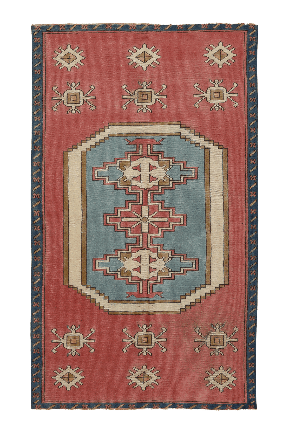 Vintage Nevşehir Turkish Area Rug 4x7 ft — Red & Blue Geometric