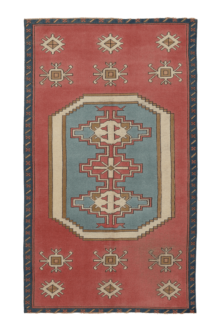 Vintage Nevşehir Turkish Area Rug 4x7 ft — Red & Blue Geometric