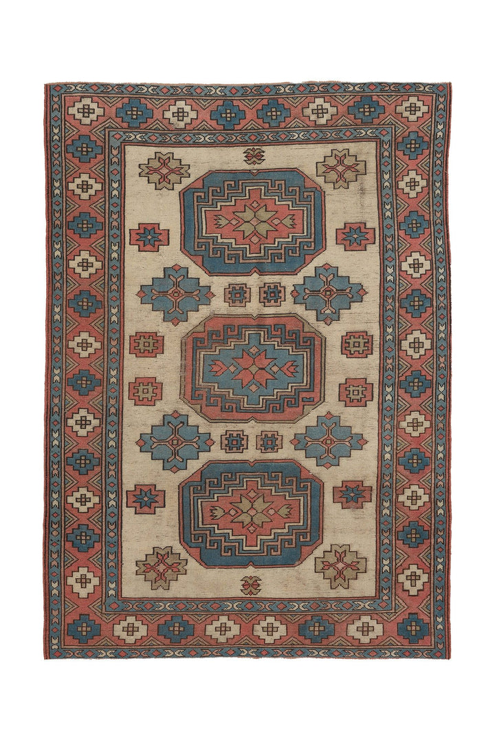 Vintage Nevşehir Turkish Area Rug 6x9 ft — Beige & Blue Geometric