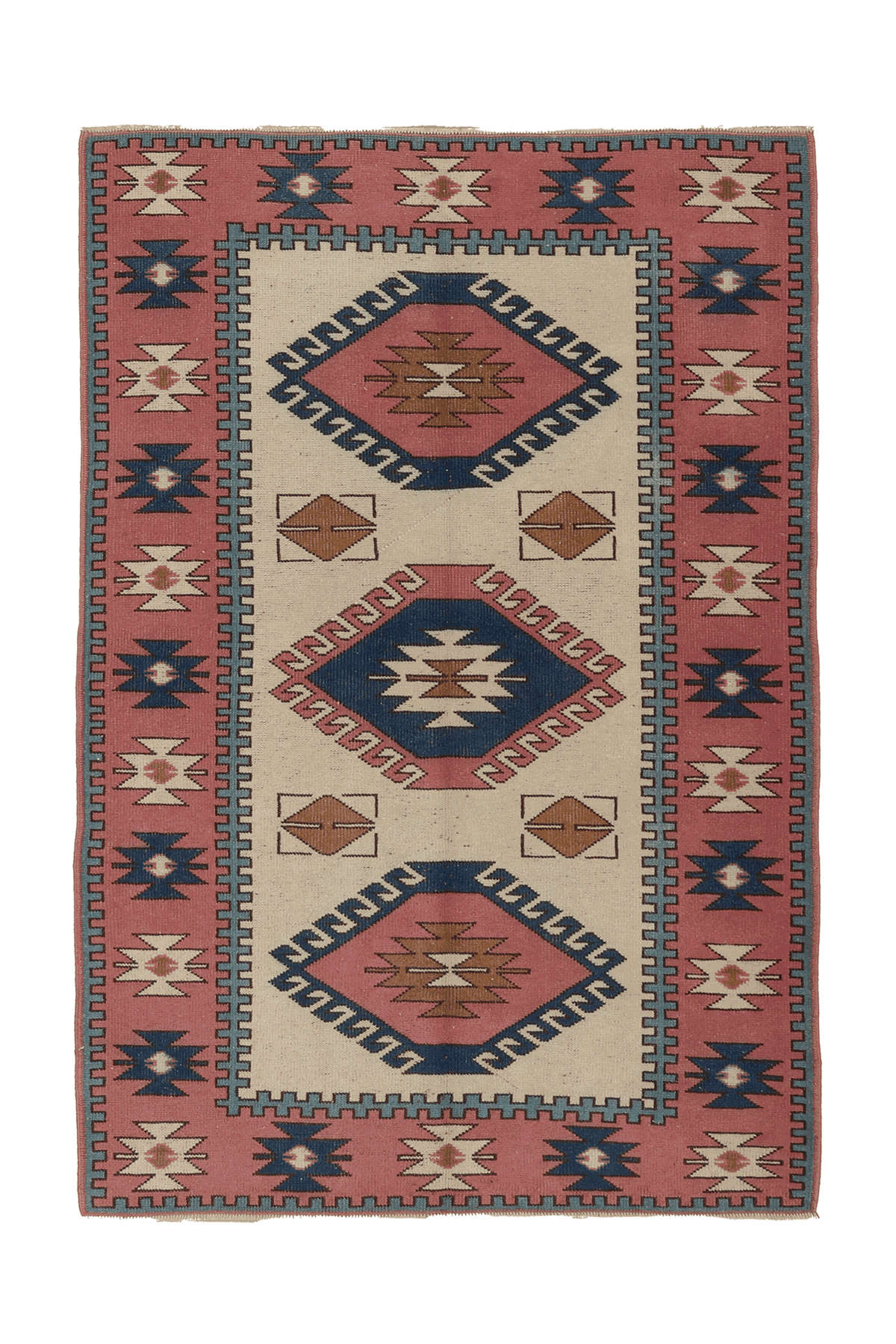 Vintage Nevşehir Turkish Area Rug 4x6 ft — Beige & Pink Geometric