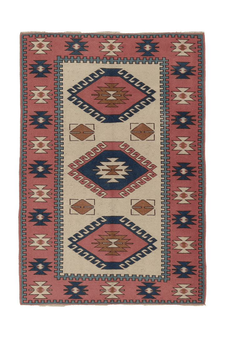 Vintage Nevşehir Turkish Area Rug 4x6 ft — Beige & Pink Geometric