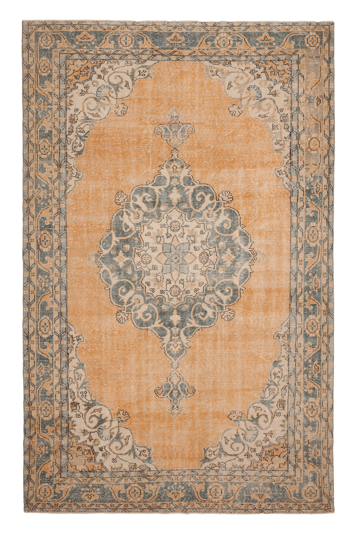 Vintage Isparta Turkish Area Rug 7x11 ft — Orange & Gray Floral