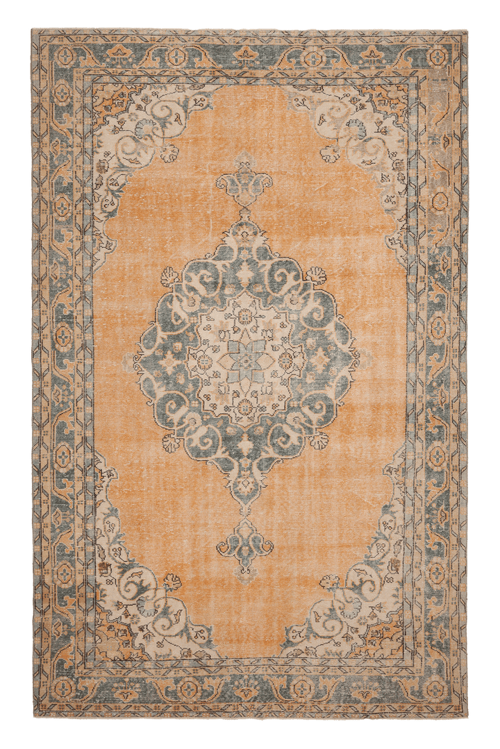 Vintage Isparta Turkish Area Rug 7x11 ft — Orange & Gray Floral